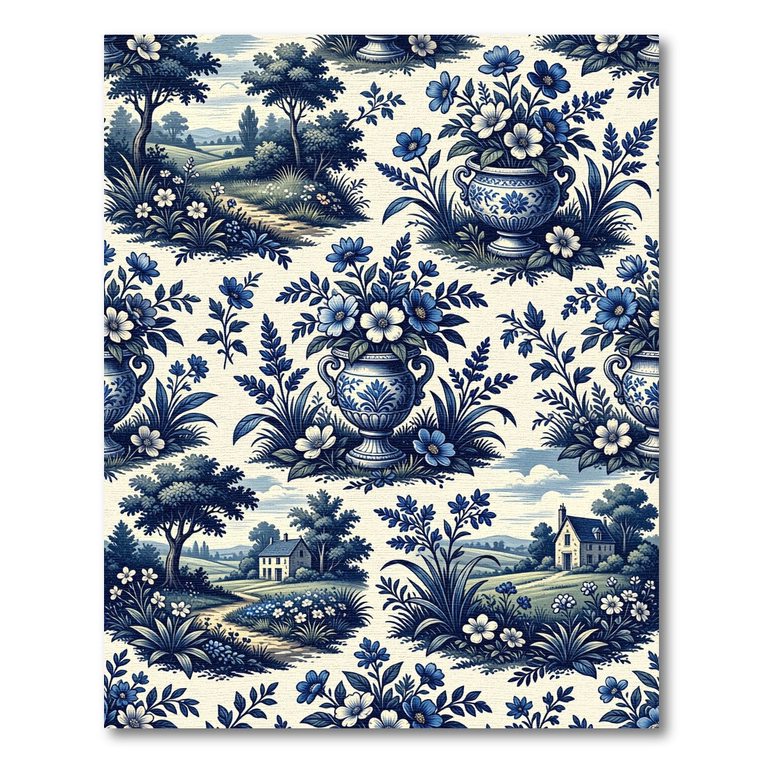 Blue Toile Landscape and Floral Urn Rug