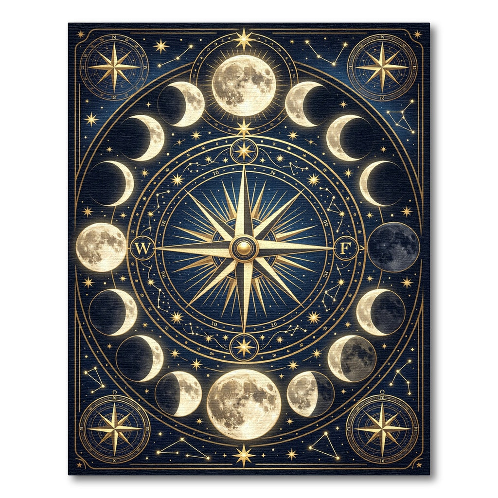 Celestial Gold Lunar Phases Navy Compass Rug