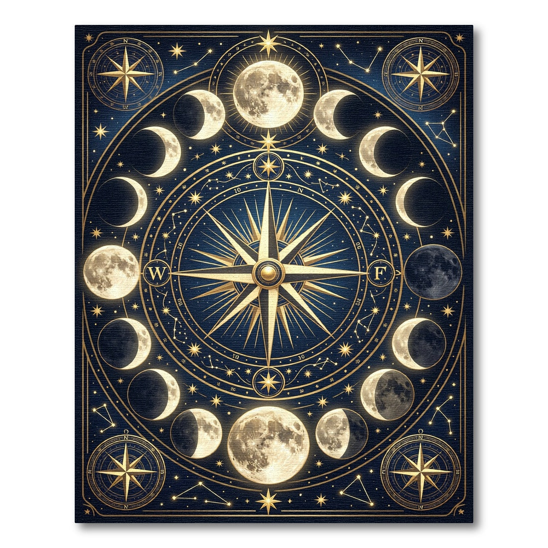 Celestial Gold Lunar Phases Navy Compass Rug