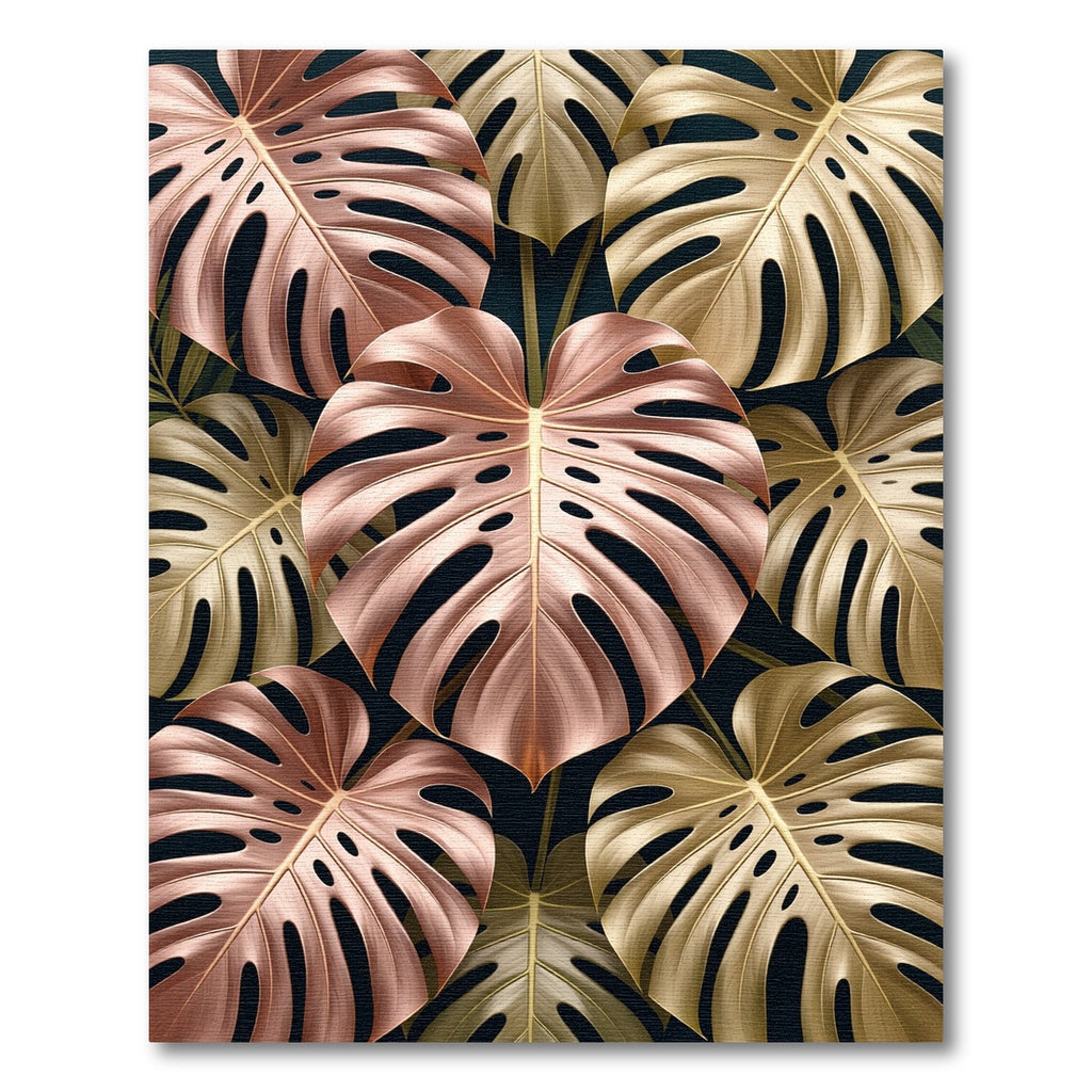 Rose Gold Metallic Monstera Tropical Leaves Rug