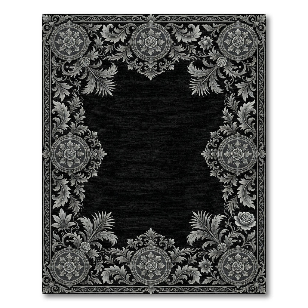 Ornate Silver Floral Medallion Border Rug