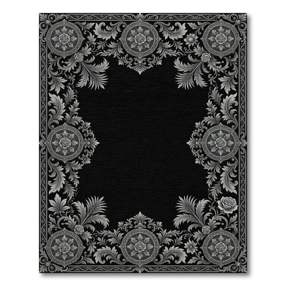 Ornate Silver Floral Medallion Border Rug