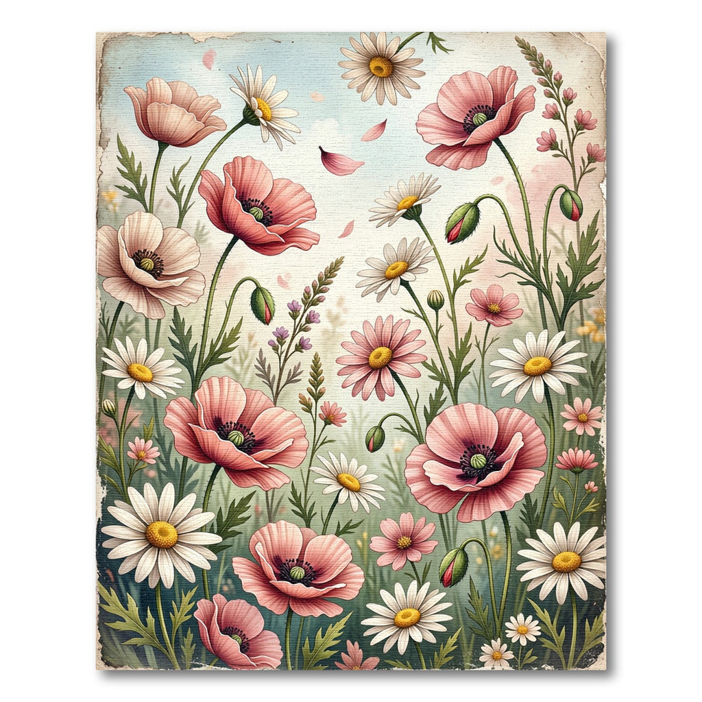 Soft Pink Poppy Floral Watercolor Meadow Rug