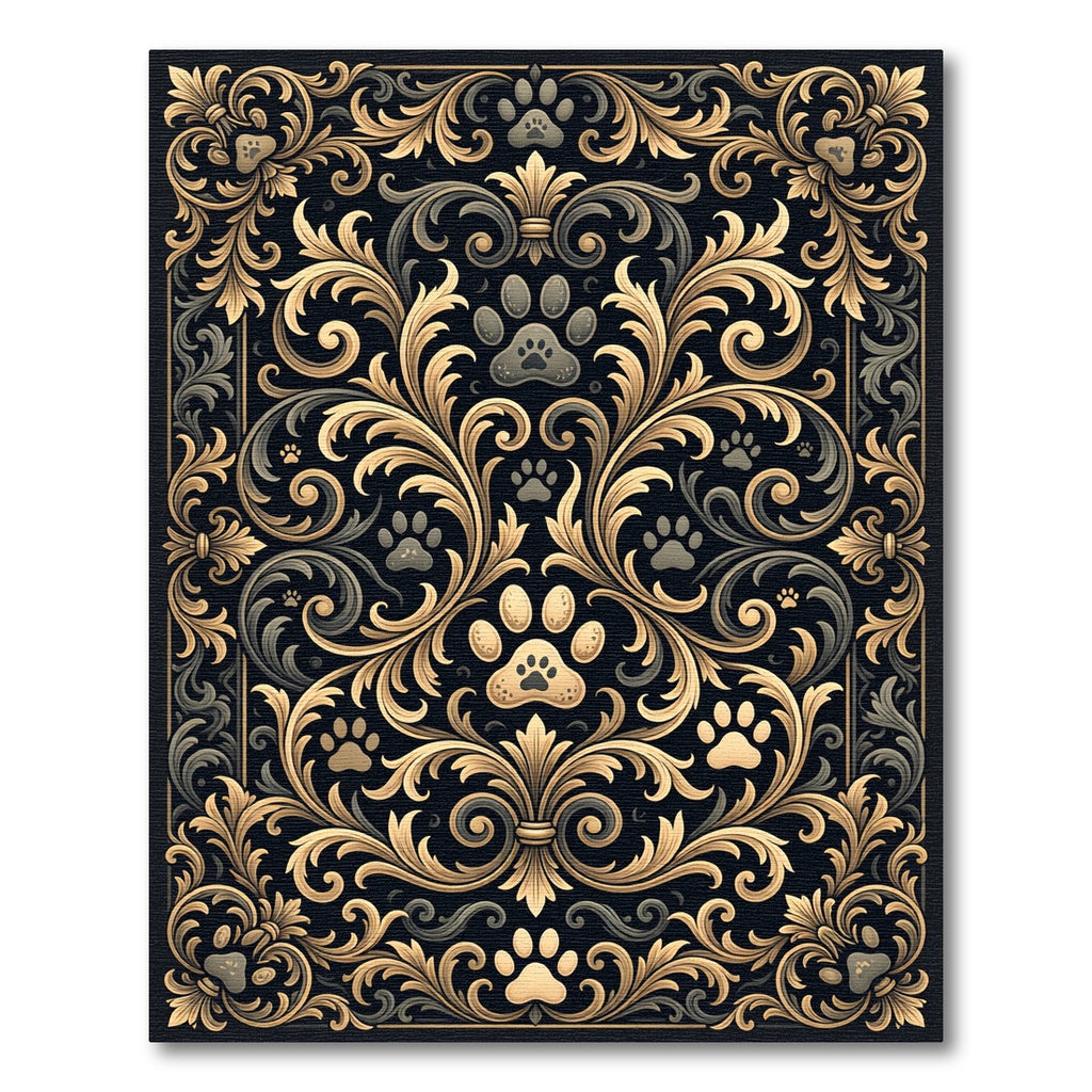 Elegant Gold Paw Flourish Damask Black Rug