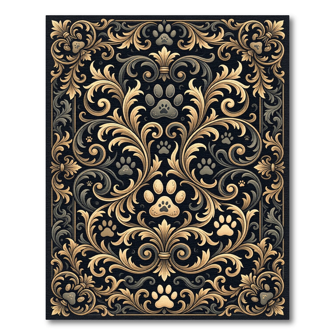 Elegant Gold Paw Flourish Damask Black Rug
