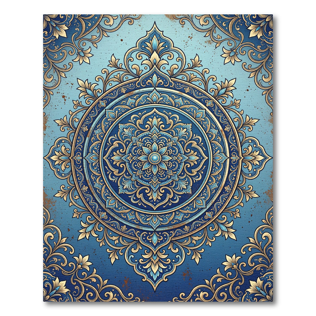 Elegant Gold and Blue Damask Medallion Rug