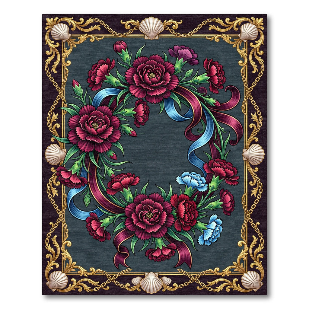 Crimson Carnation Floral Gold Shell Frame Rug