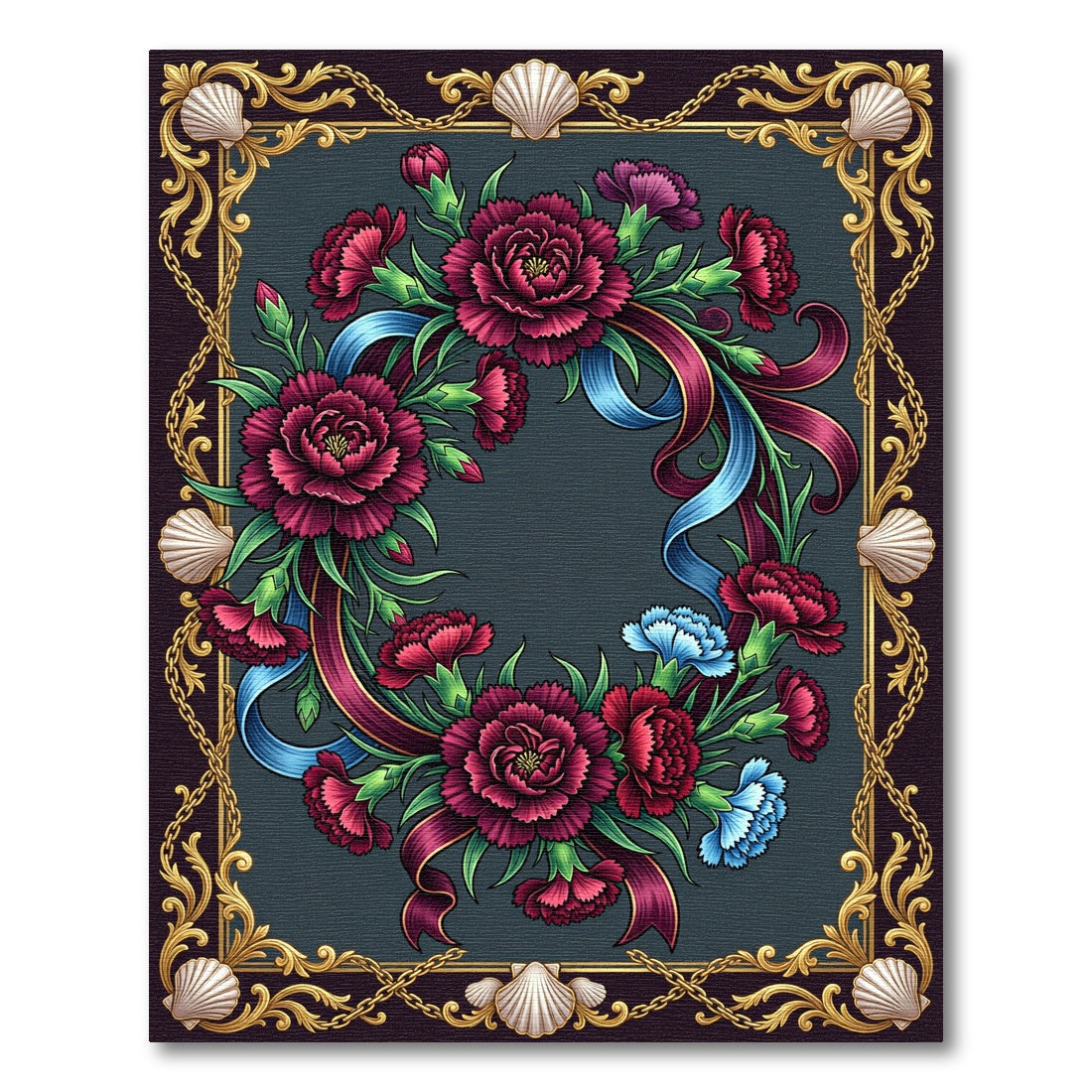 Crimson Carnation Floral Gold Shell Frame Rug