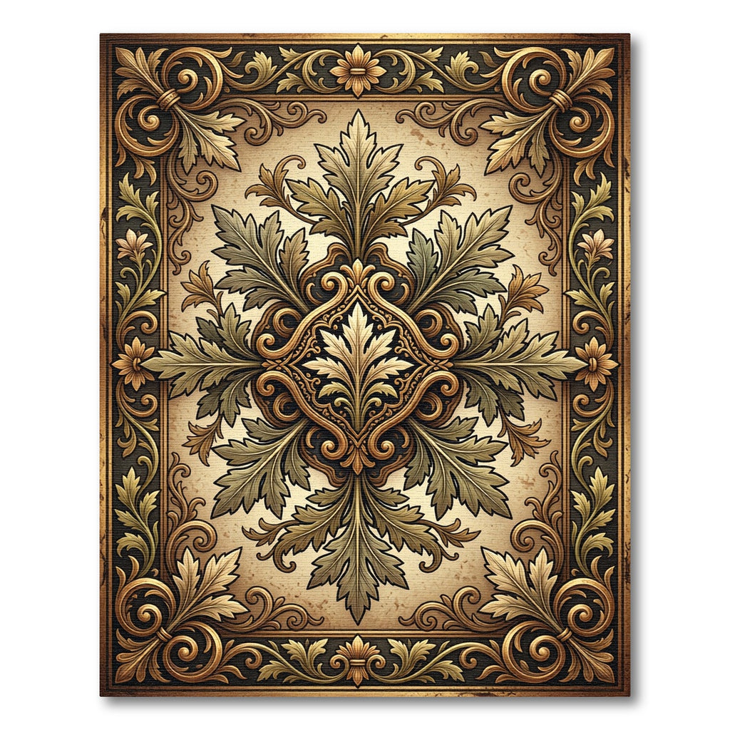 Ornate Gold Green Leaf Scroll Rug