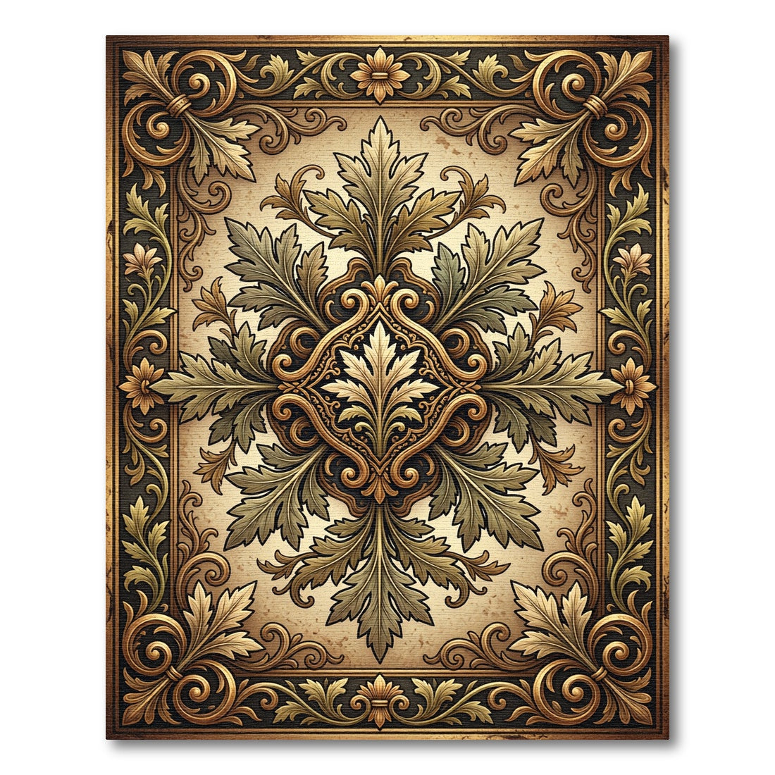 Ornate Gold Green Leaf Scroll Rug