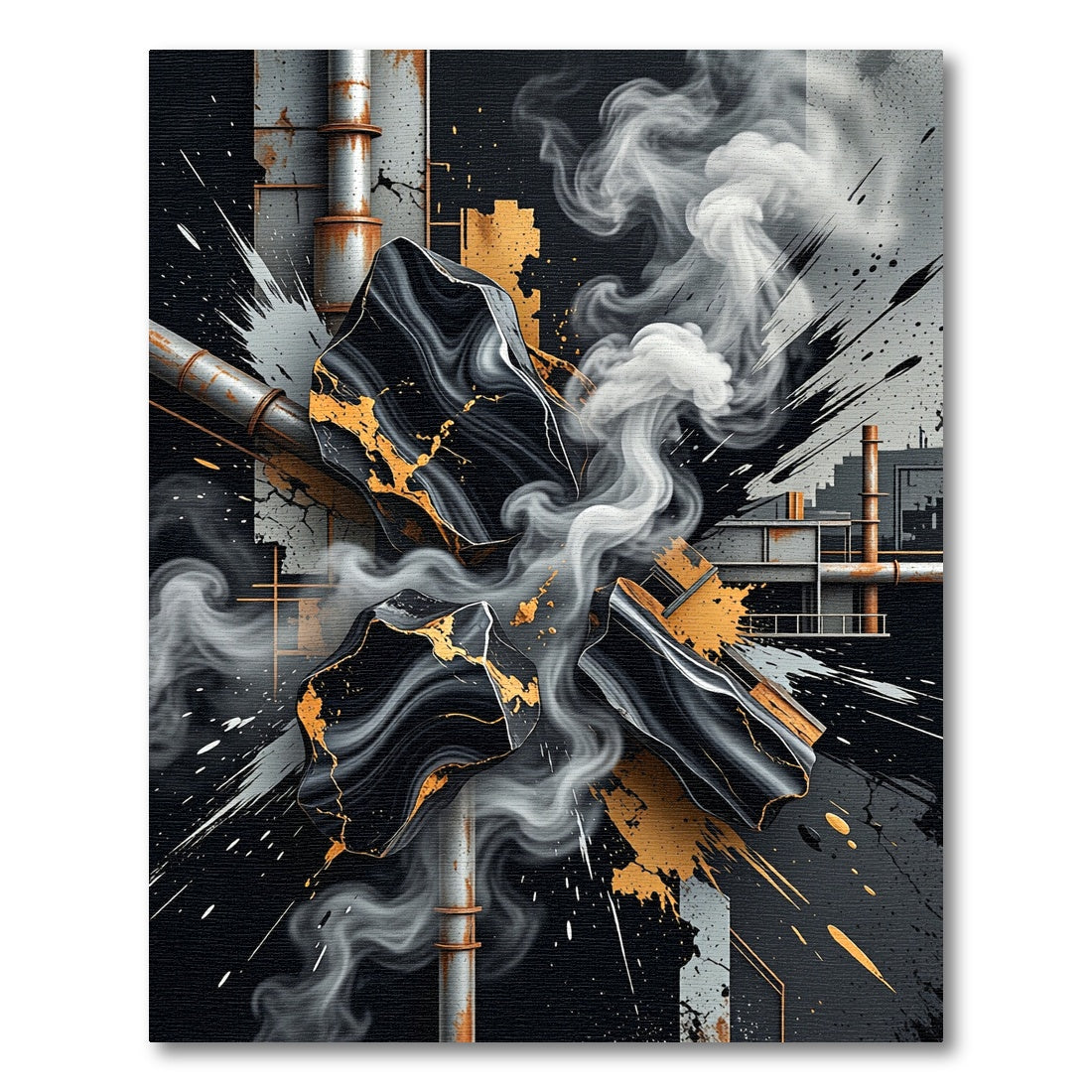 Industrial Black Gold Abstract Smoke Art Rug
