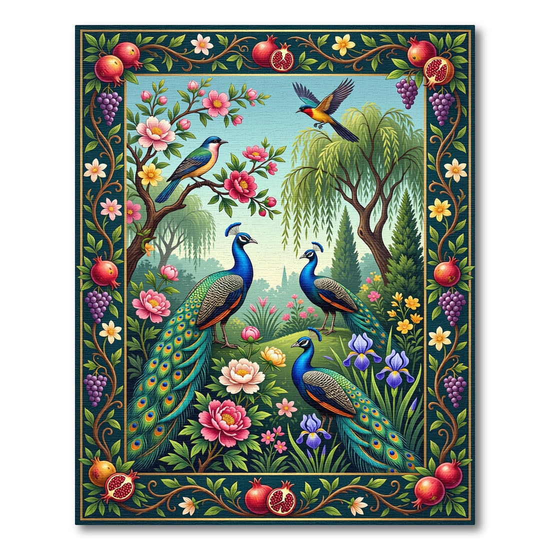 Vibrant Peacock Garden Floral Art Rug