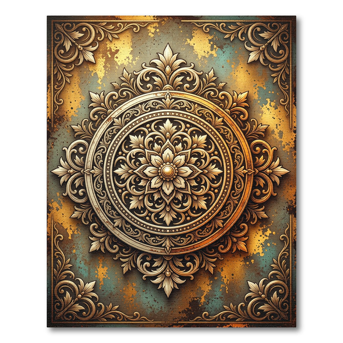 Ornate Golden Floral Medallion Artifact Rug