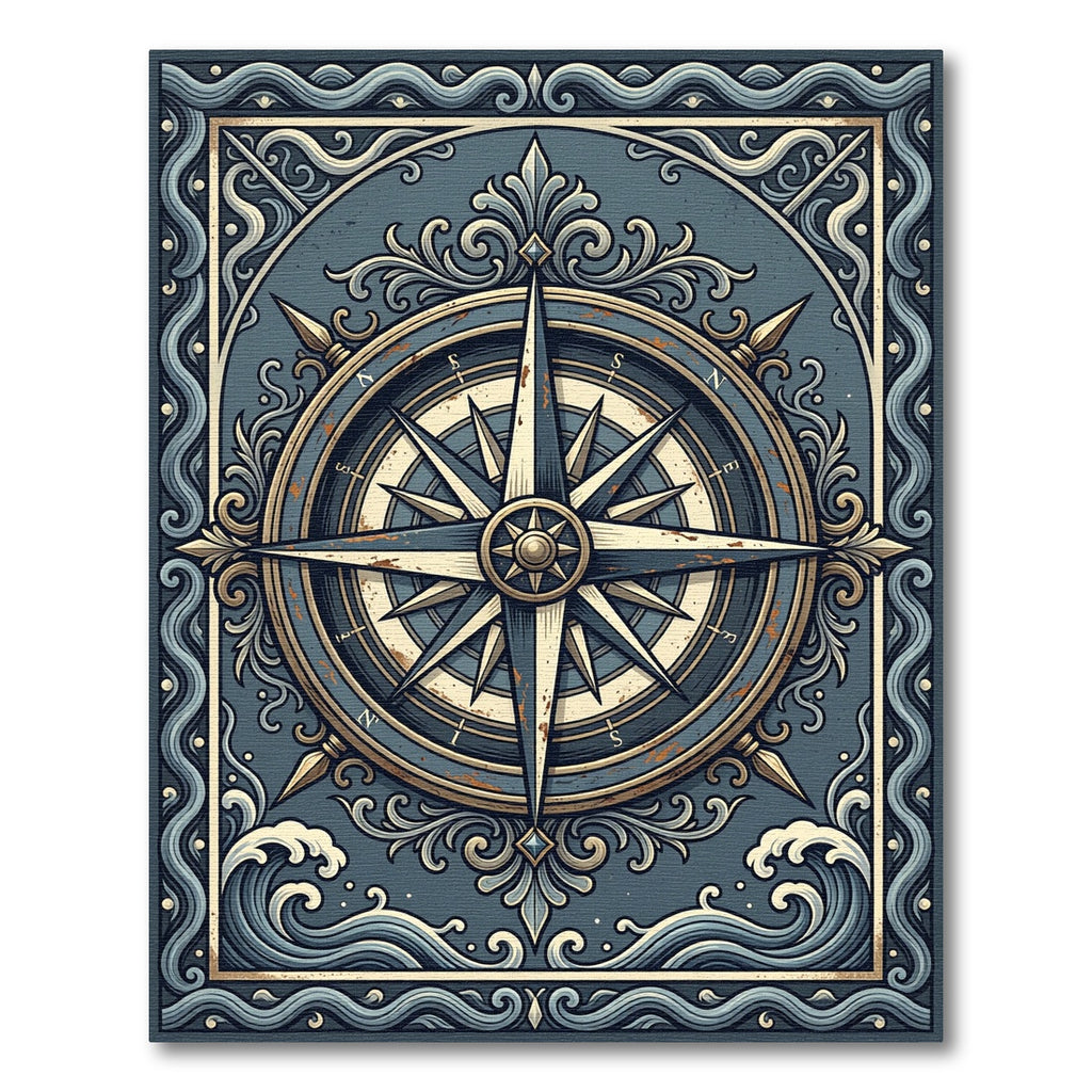 Vintage Navy Compass Nautical Wave Art Rug