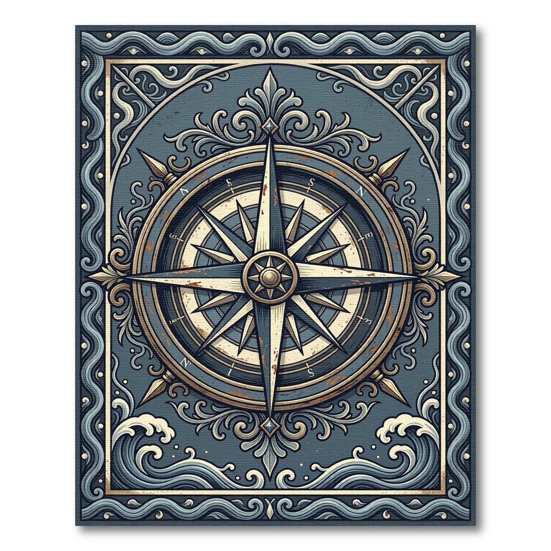 Vintage Navy Compass Nautical Wave Art Rug