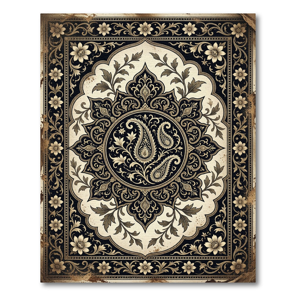 Vintage Ivory Black Ornate Paisley Medallion Rug