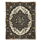 Vintage Ivory Black Ornate Paisley Medallion Rug