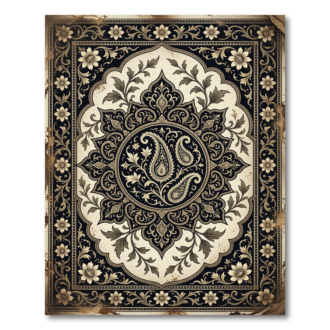 Vintage Ivory Black Ornate Paisley Medallion Rug