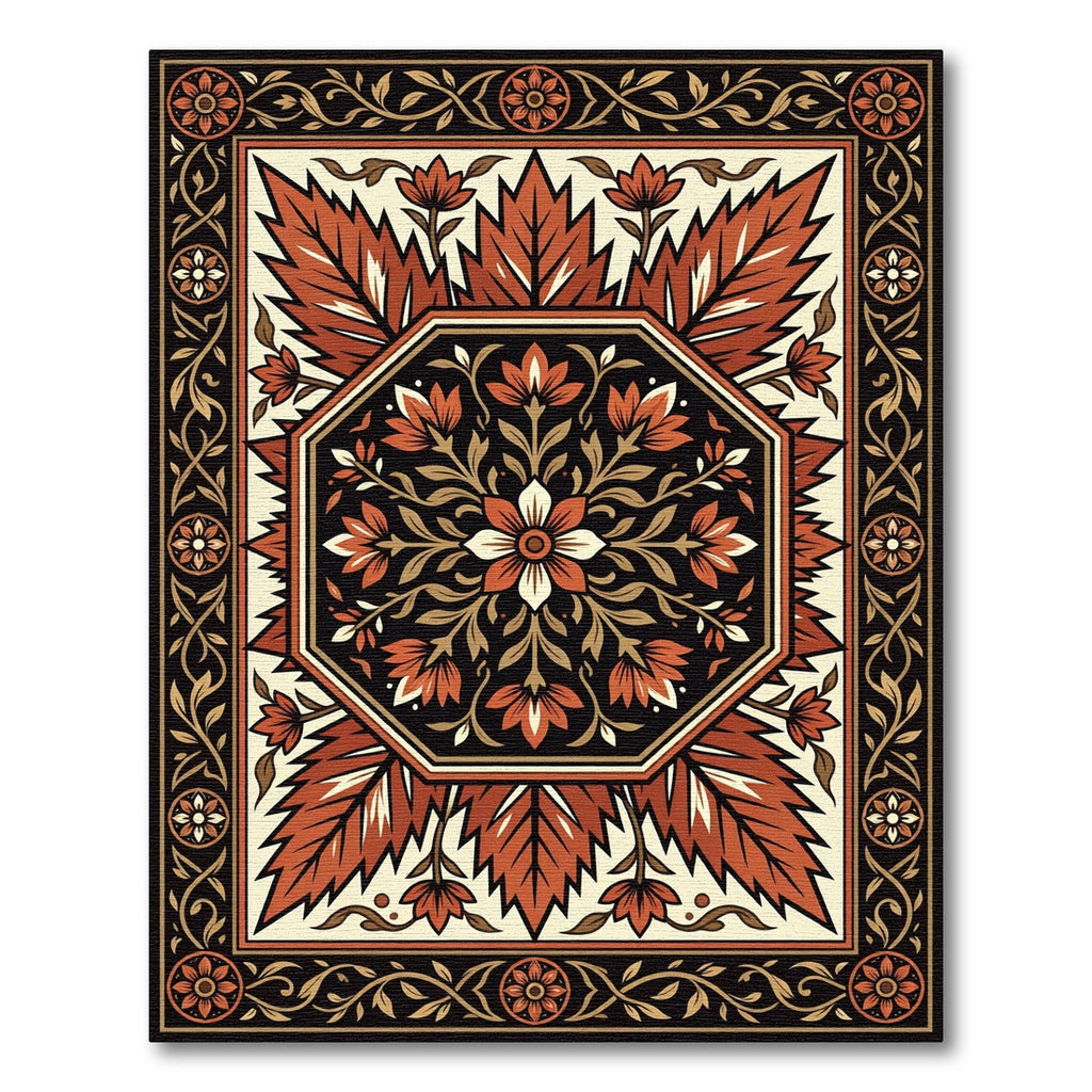 Crimson Floral Octagon Border Rug