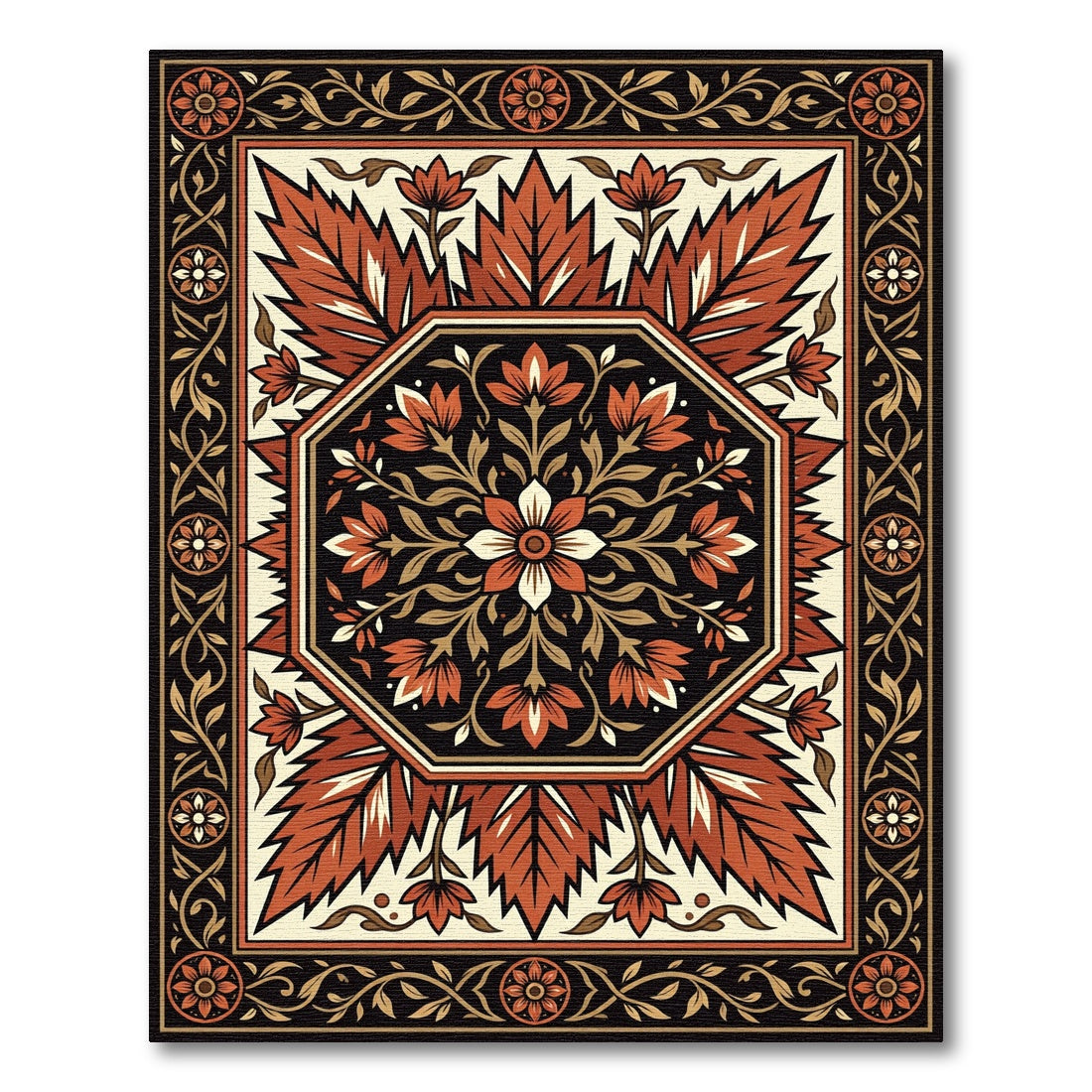 Crimson Floral Octagon Border Rug
