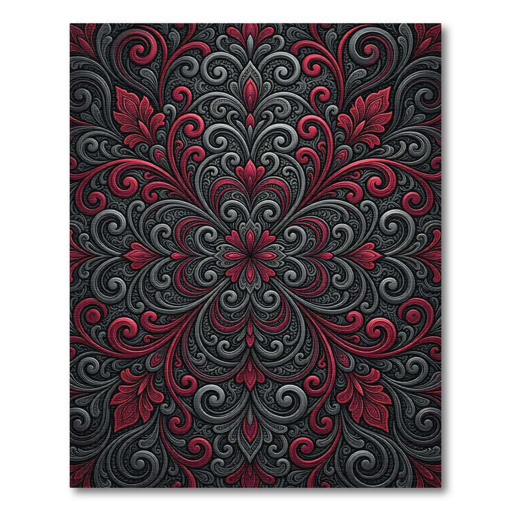 Midnight Crimson Ornate Scroll Medallion Rug