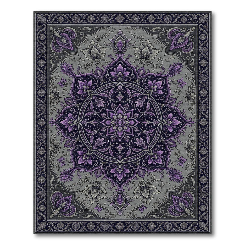 Elegant Violet Floral Medallion Charcoal Tapestry Rug