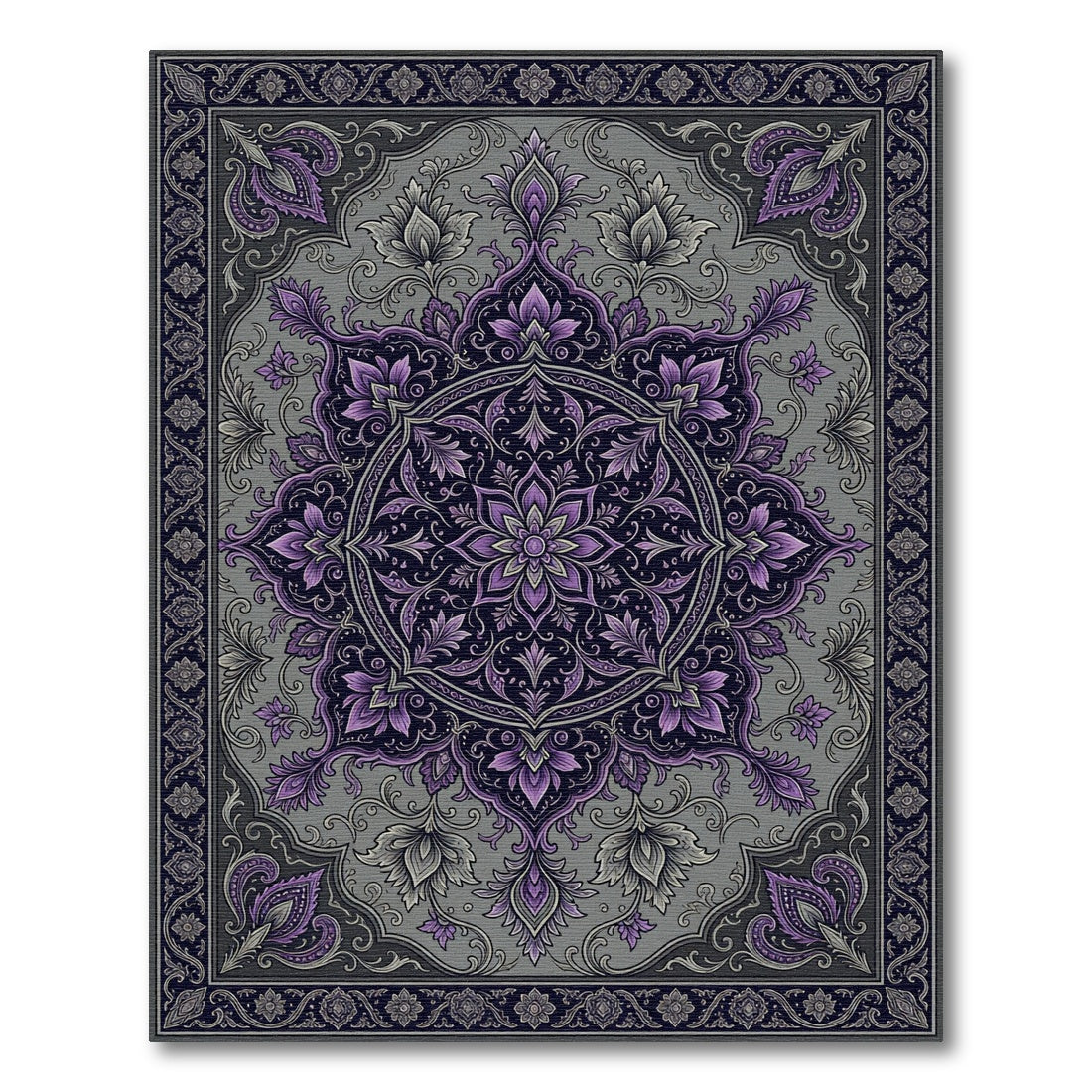 Elegant Violet Floral Medallion Charcoal Tapestry Rug
