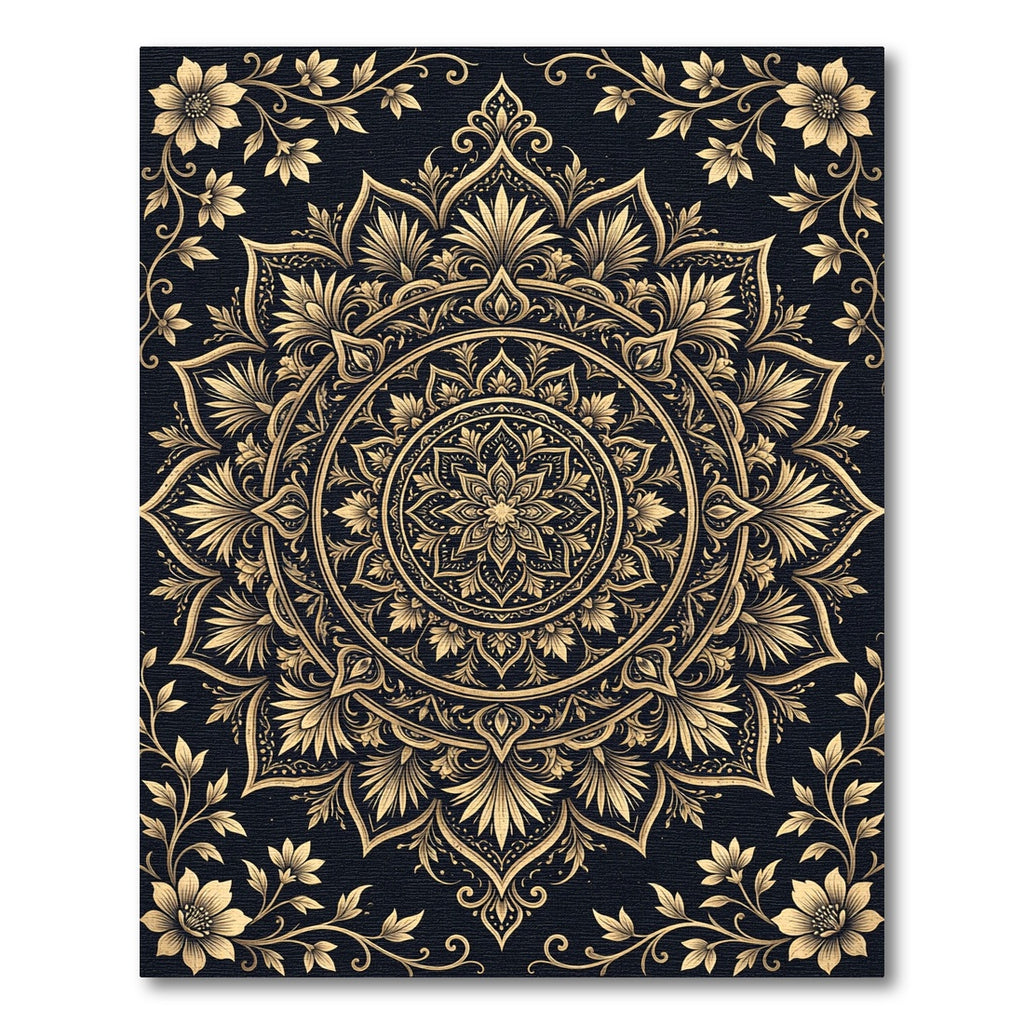Elegant Gold Floral Mandala Midnight Rug