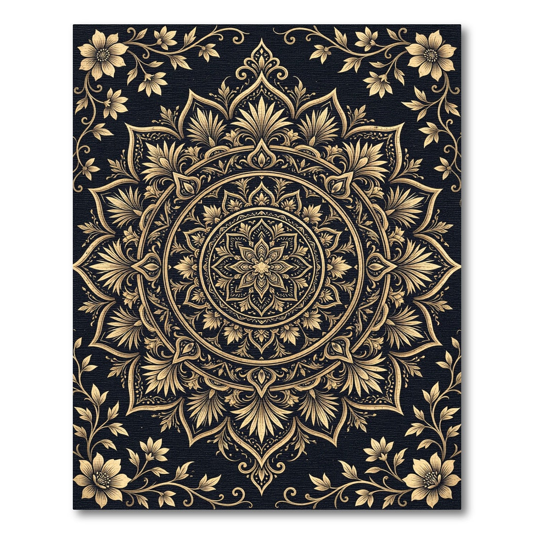 Elegant Gold Floral Mandala Midnight Rug