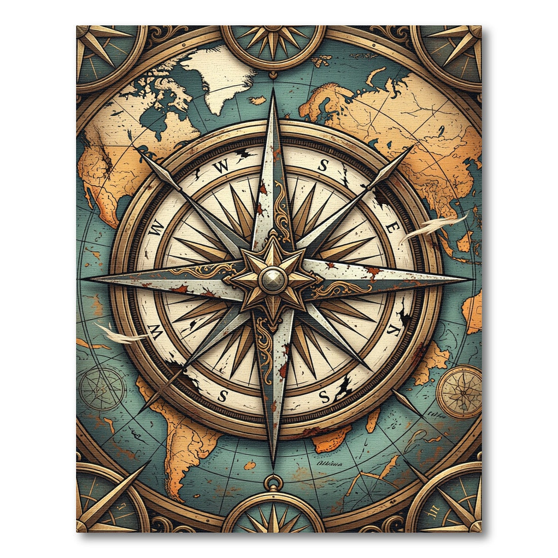 Vintage Golden Compass World Map Rug