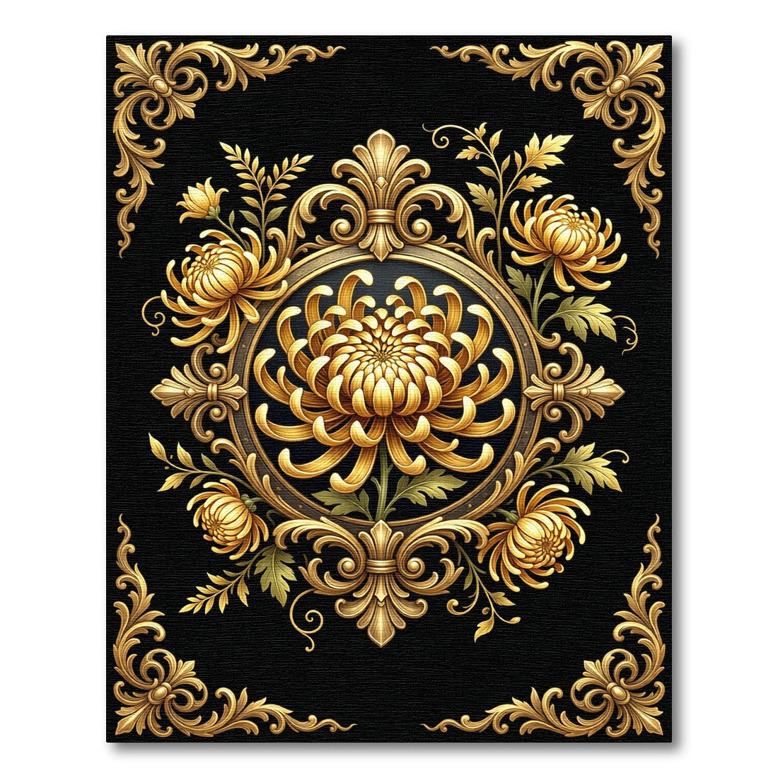 Gold Chrysanthemum Floral Scrollwork Rug