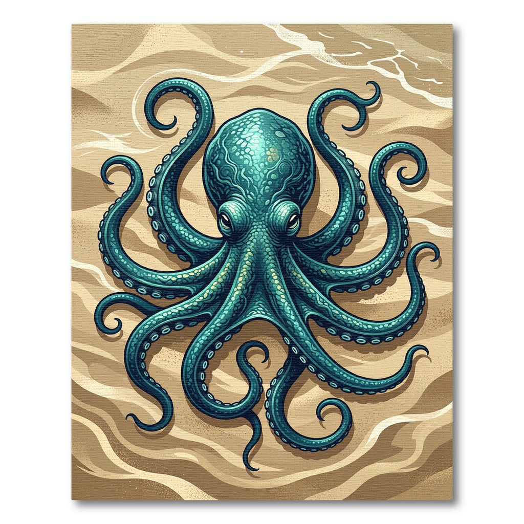 Detailed Teal Octopus Coastal Deep Sea Rug