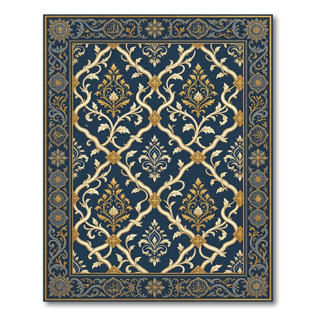 Elegant Navy Gold Damask Scroll Rug