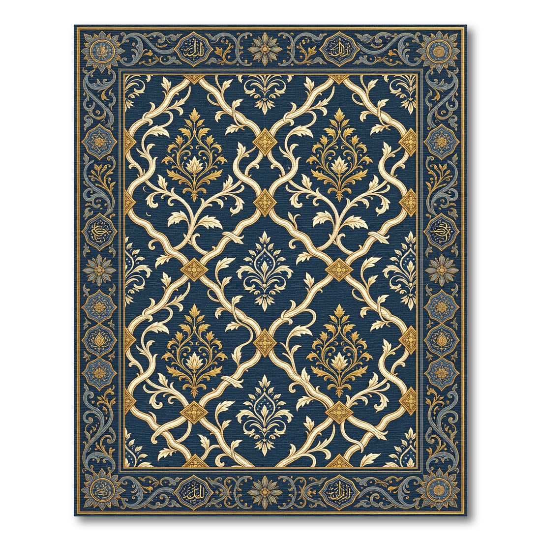 Elegant Navy Gold Damask Scroll Rug