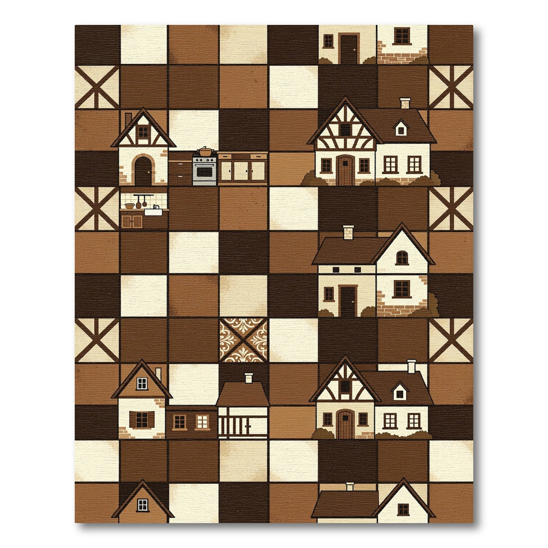 Tudor Village Chessboard Homes Cozy Brown Rug