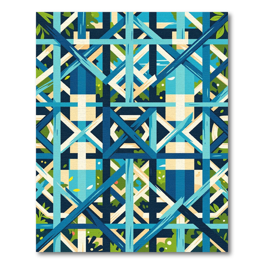 Geometric Blue Grid Botanical Abstract Rug