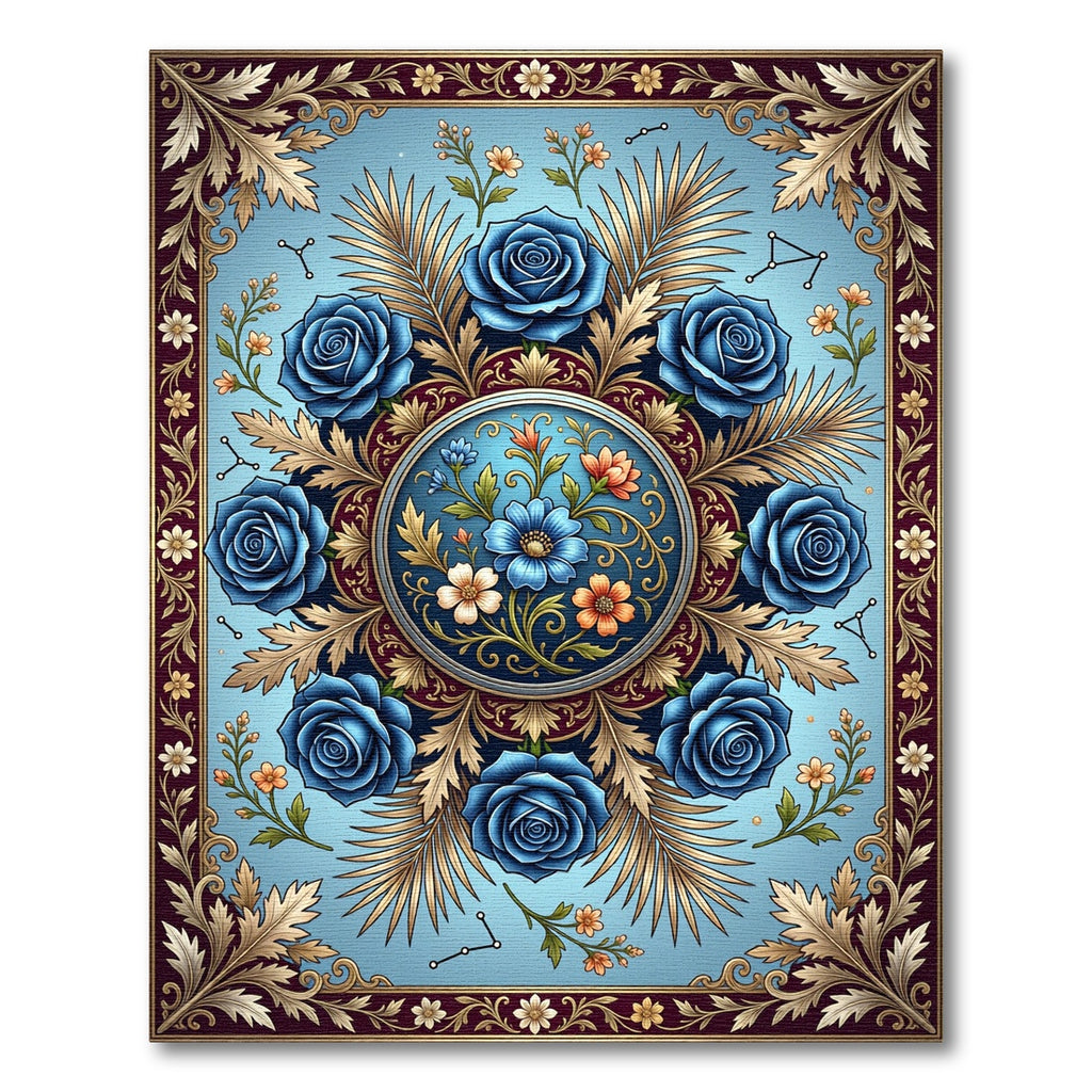 Celestial Blue Rose Floral Medallion Rug