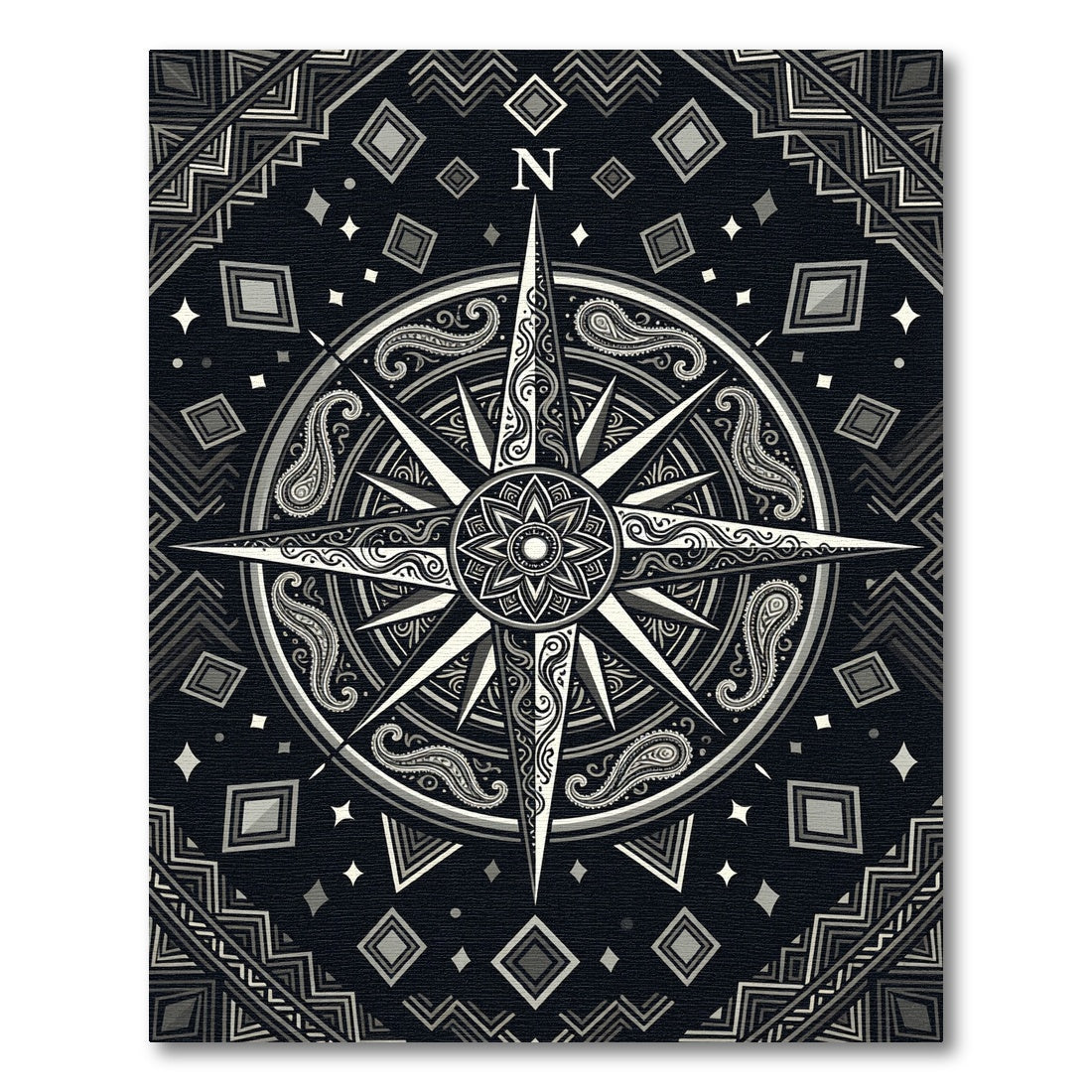 Monochrome Ornate Compass Celestial Graphic Rug