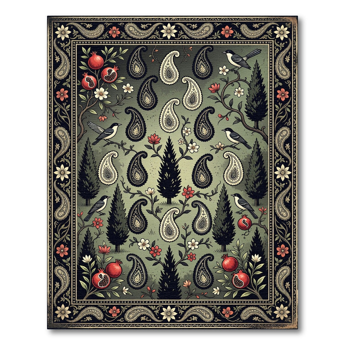 Botanical Pomegranate Paisley Sage Green Area Rug