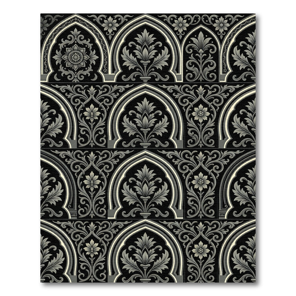 Black and Gray Arch Floral Scroll Rug