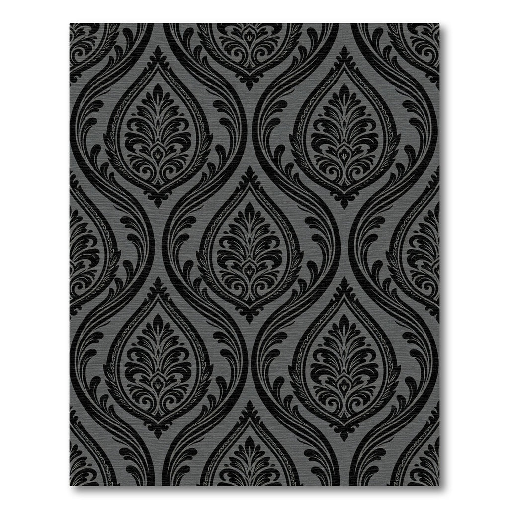 Black Floral Damask Gray Background Rug