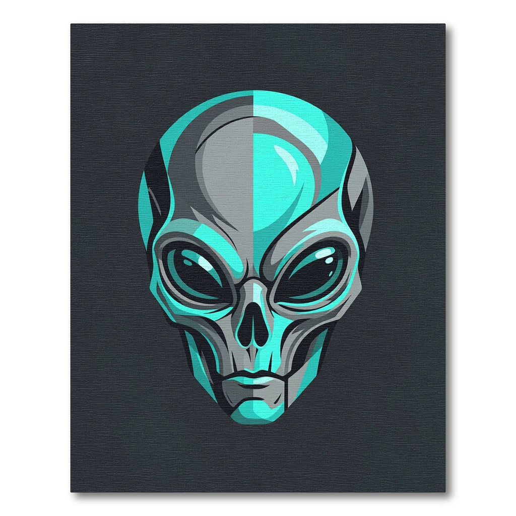 Cyan Alien Head Minimalist Grayscale Art Rug