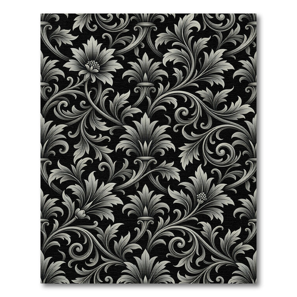 Black Silver Floral Scrollwork Ornament Rug