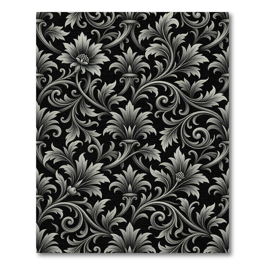 Black Silver Floral Scrollwork Ornament Rug
