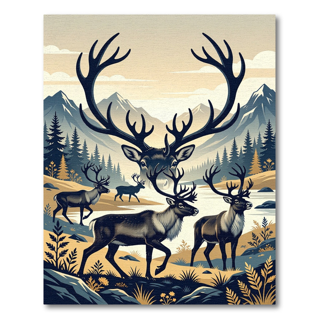 Majestic Reindeer Mountain Forest Landscape Rug