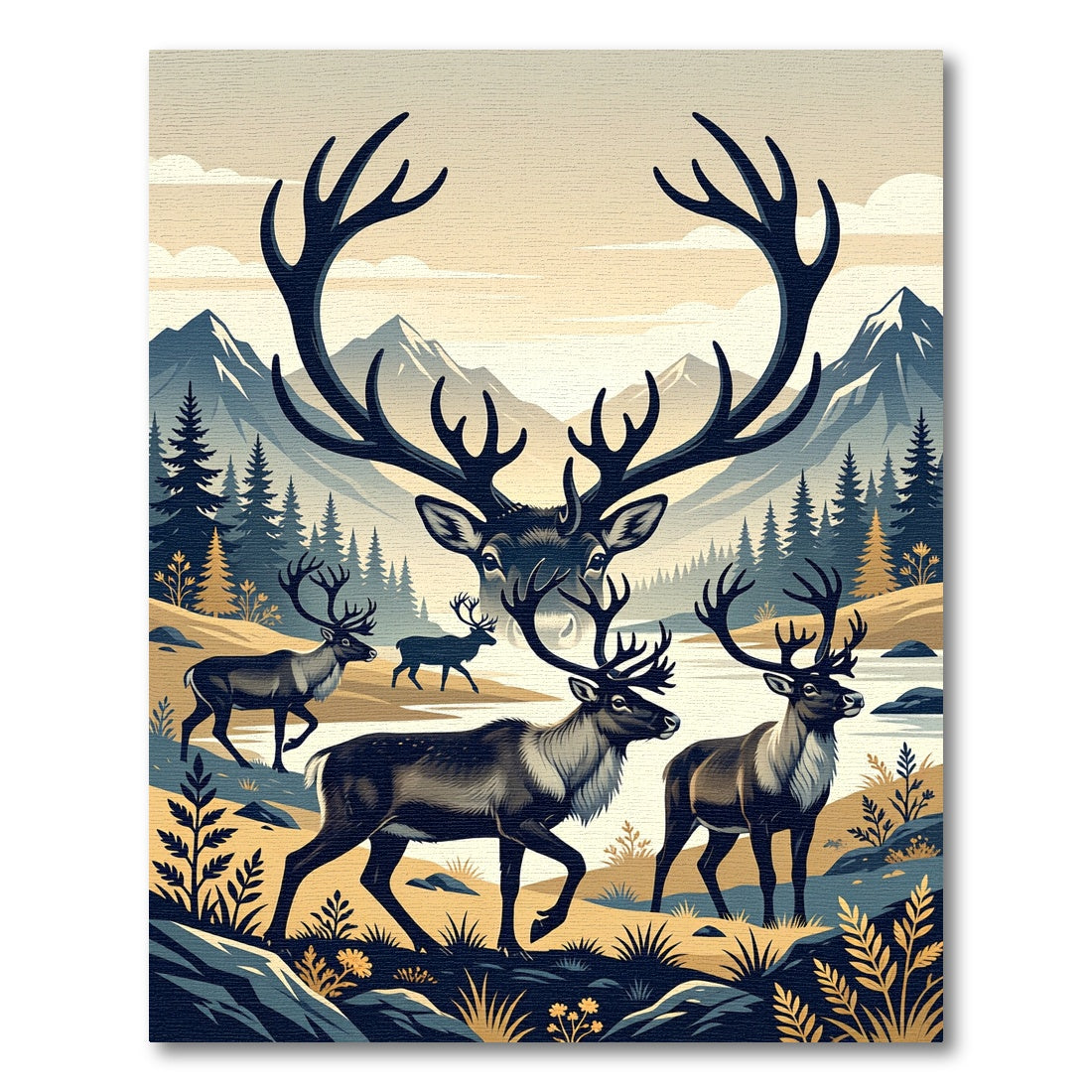 Majestic Reindeer Mountain Forest Landscape Rug