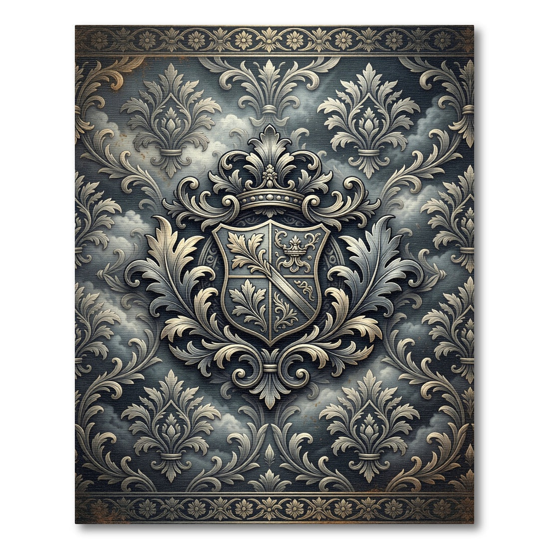 Elegant Silver Crest Damask Slate Grey Rug