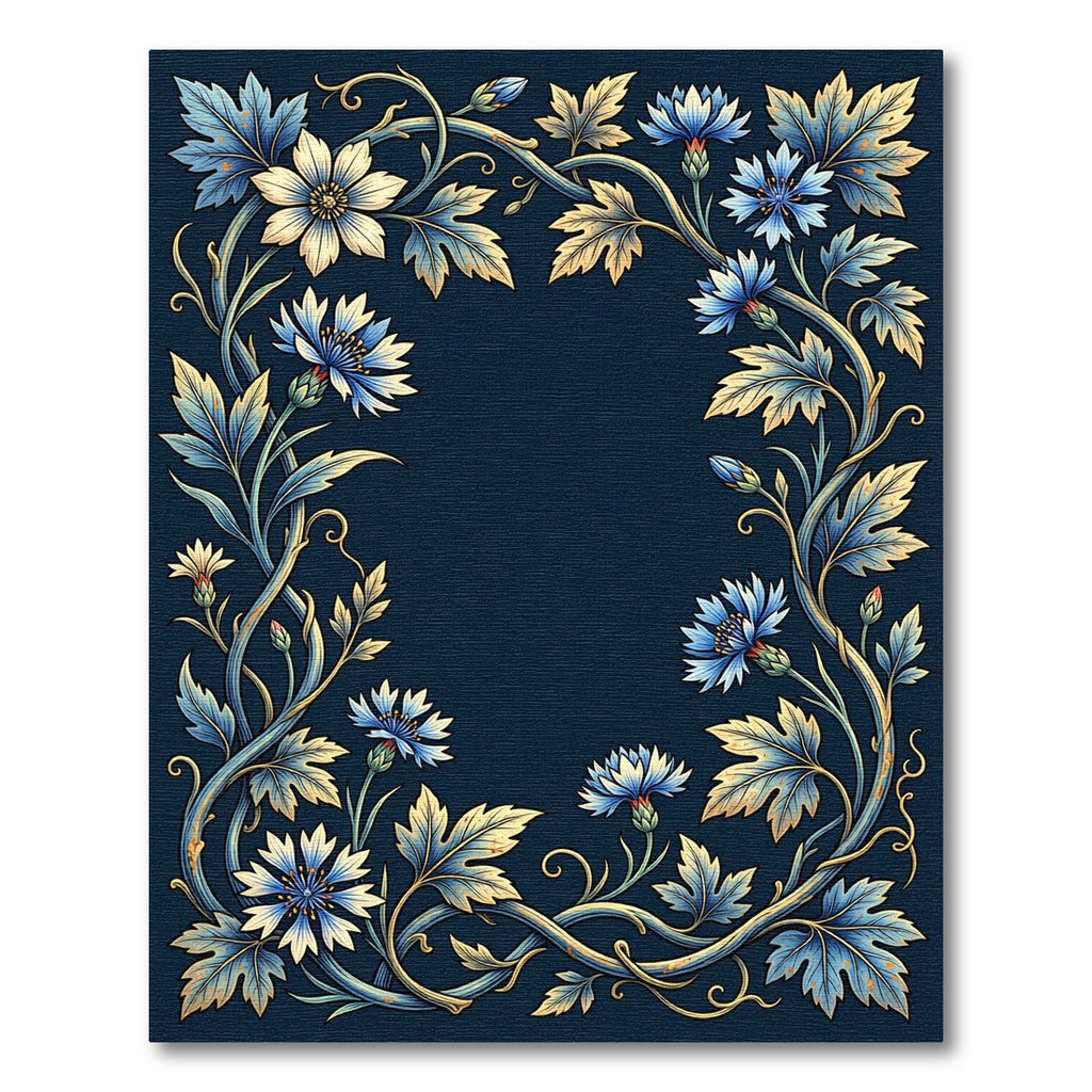 Elegant Navy Blue Cornflower Botanical Frame Rug