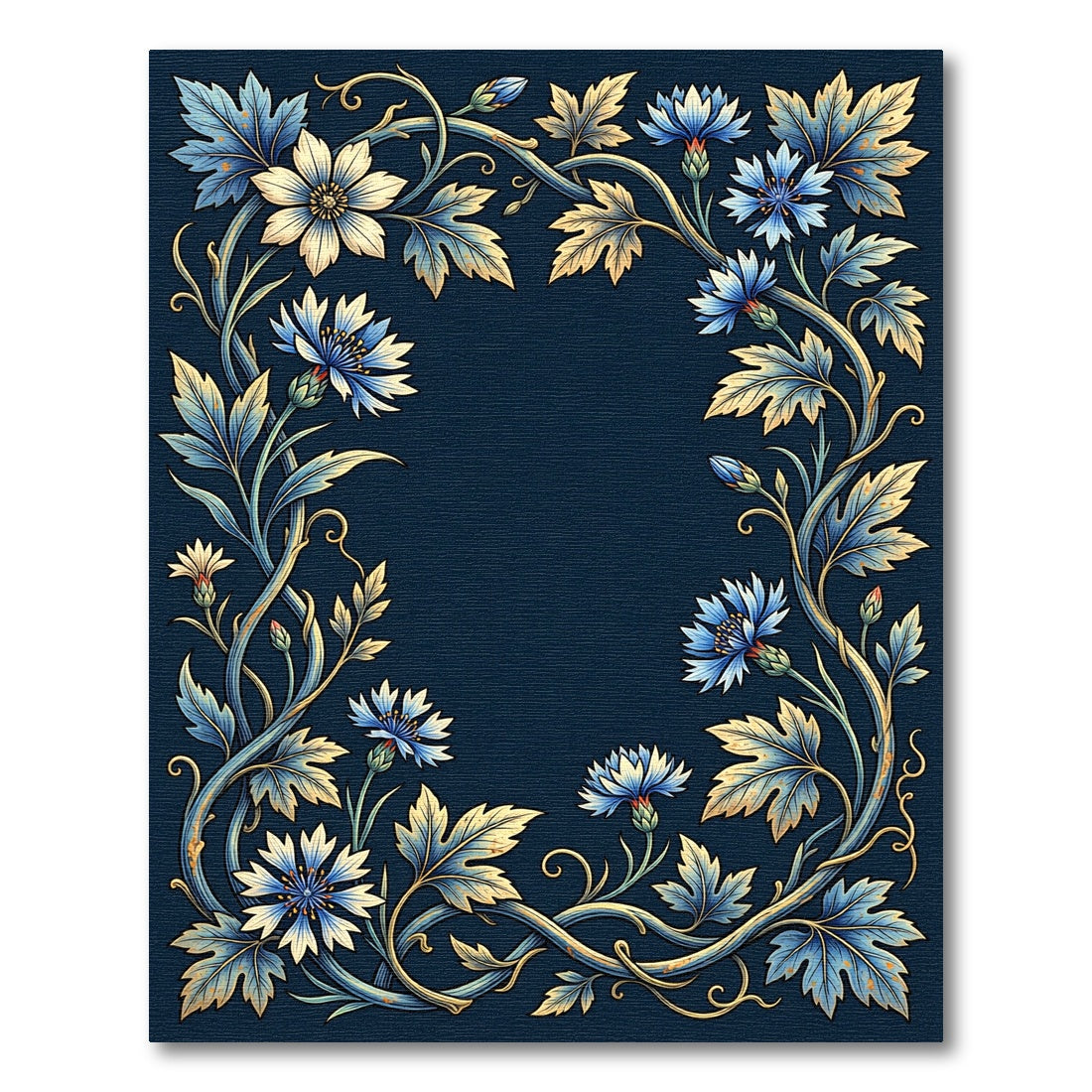 Elegant Navy Blue Cornflower Botanical Frame Rug