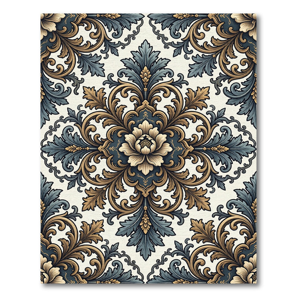 Elegant Slate and Gold Floral Damask Rug